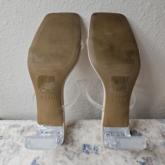 Leevar Cream Leather Square Toe Strappy Heels Women 8.5 Chunky Slip On Formal - Picture 5 of 6